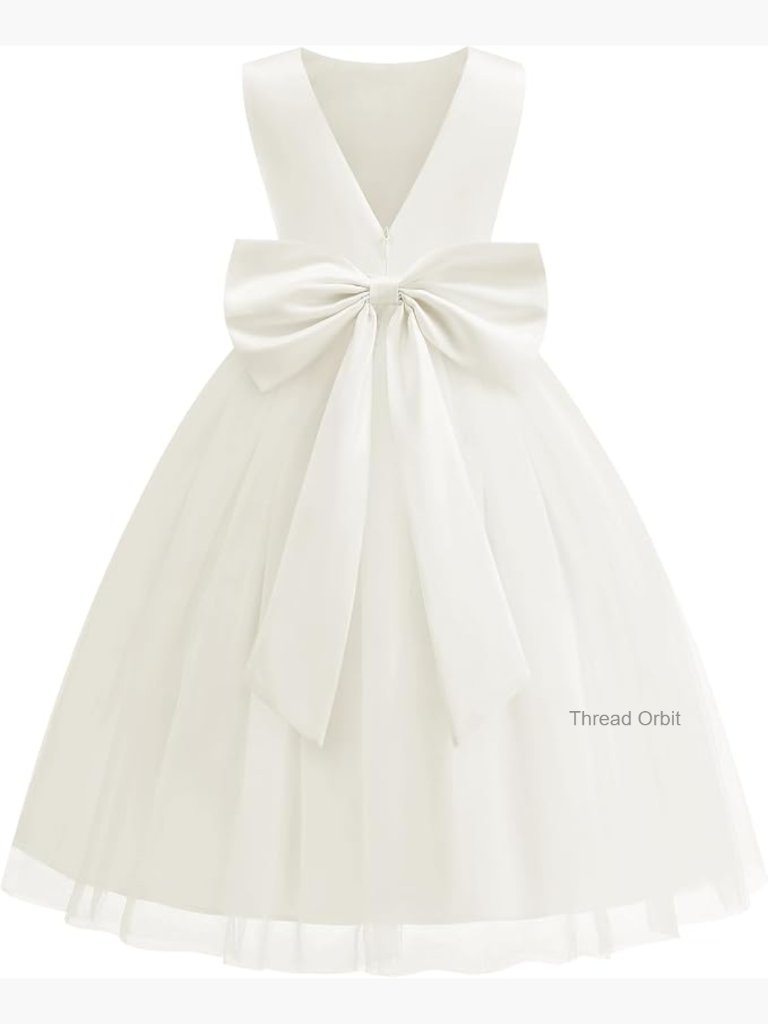 Girls Flower Girl Dress Satin V-Back Pearls Pageant Prom A-Line Zipper